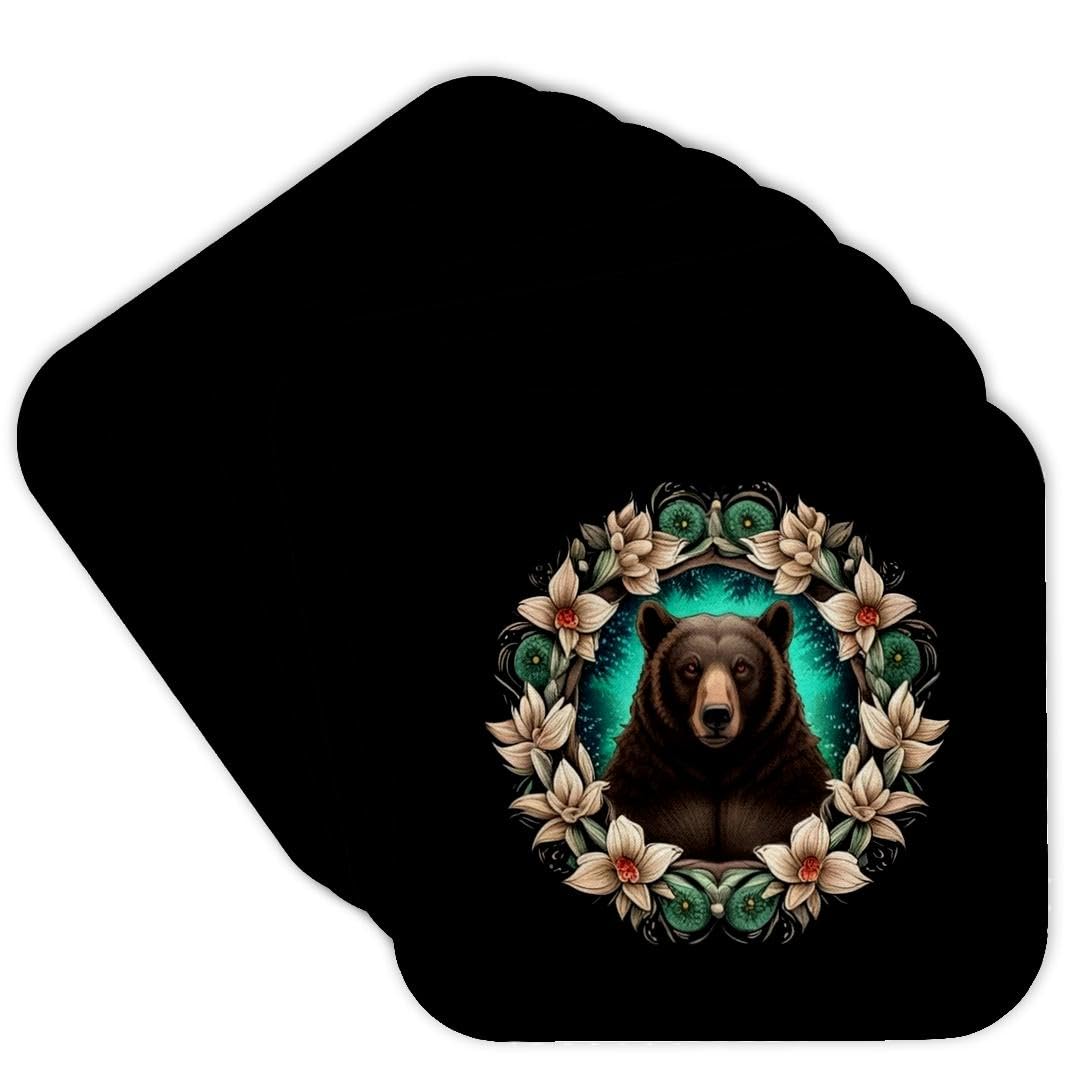 Black Bear Yucca Flower Tattoo Set of 8 Coasters I790