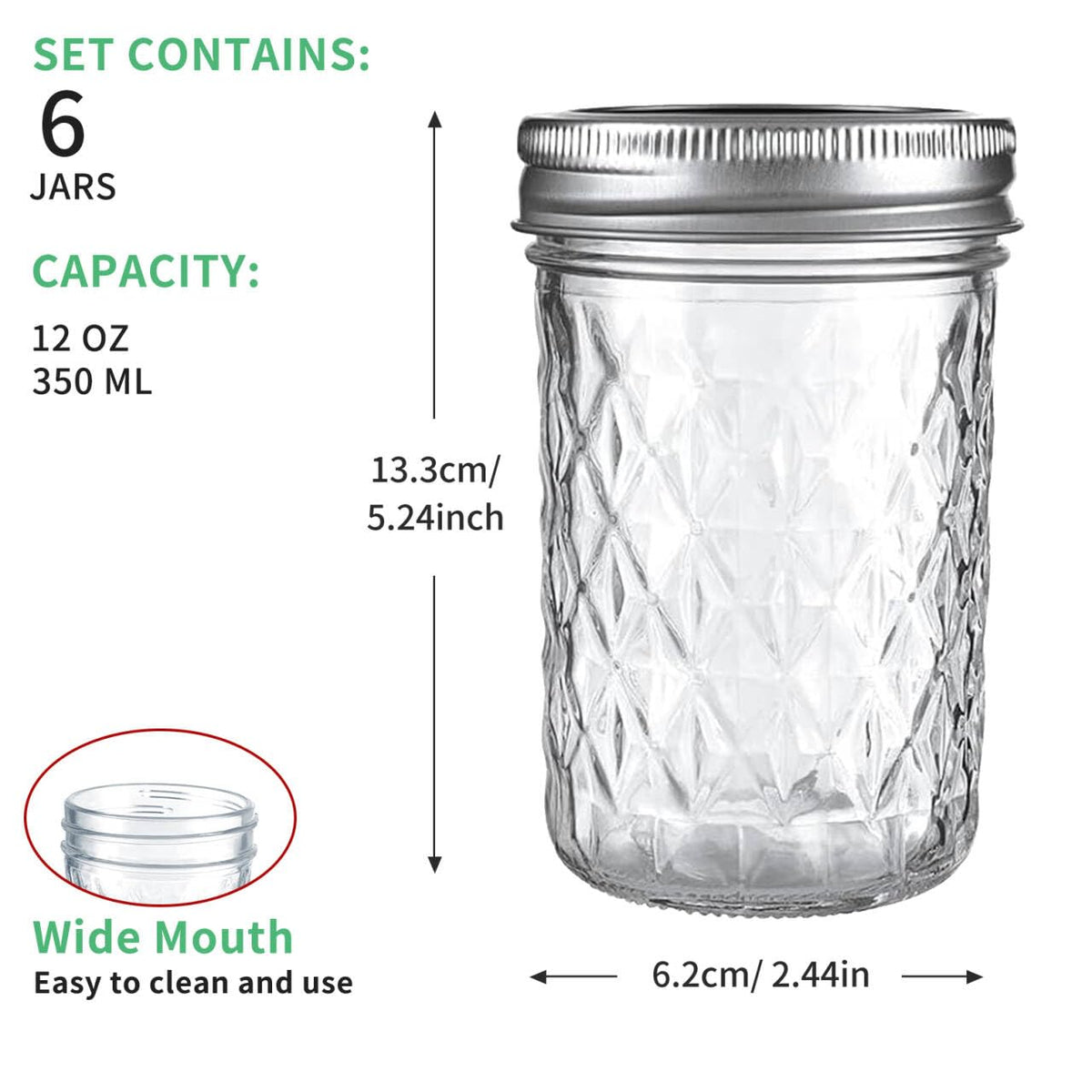 12oz Glass Mason Jars 6 Pack Airtight Lids M69053