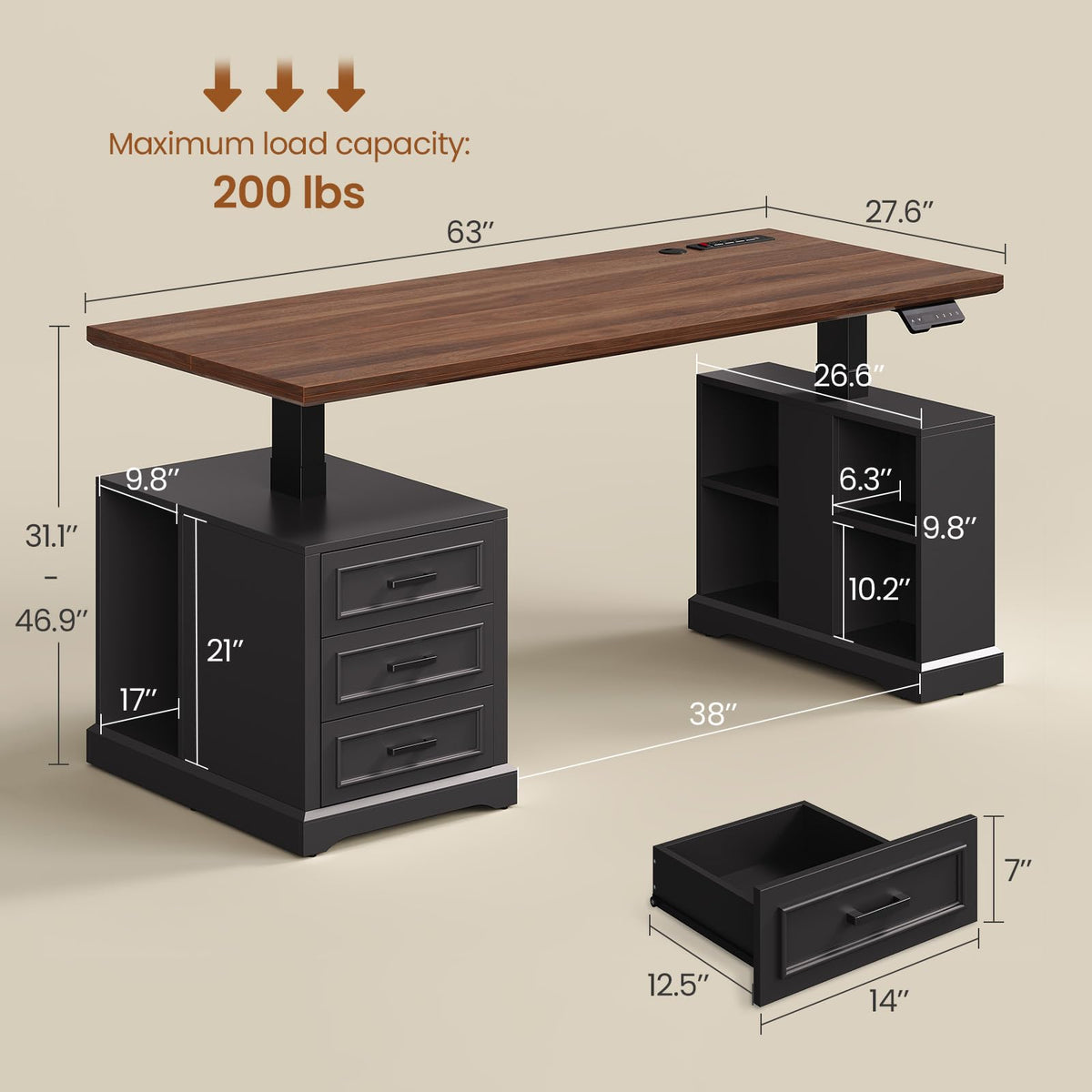 63" Farmhouse Electric Standing Desk with 3 Drawers R28165