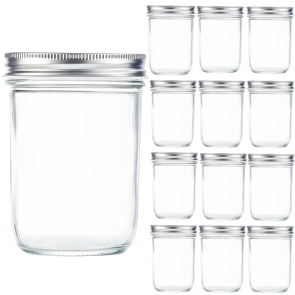 12 Pc 16 oz Wide Mouth Glass Mason Jars with Lids Z1807
