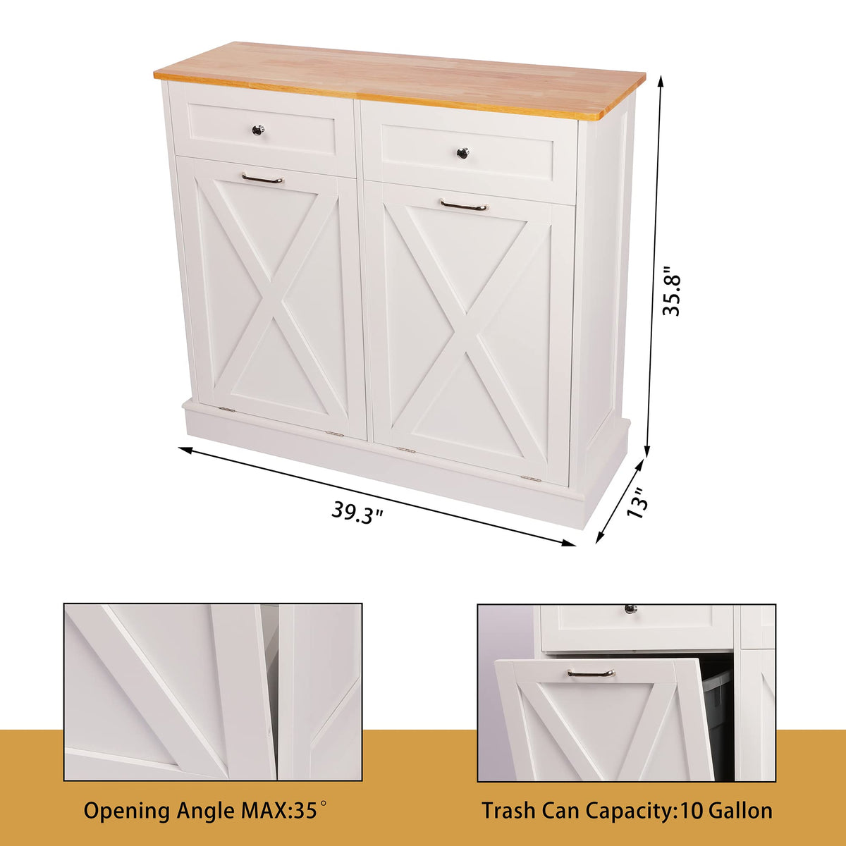 White 2 x 10 Gallon Wooden Tilt Out Trash Can Cabinet T832