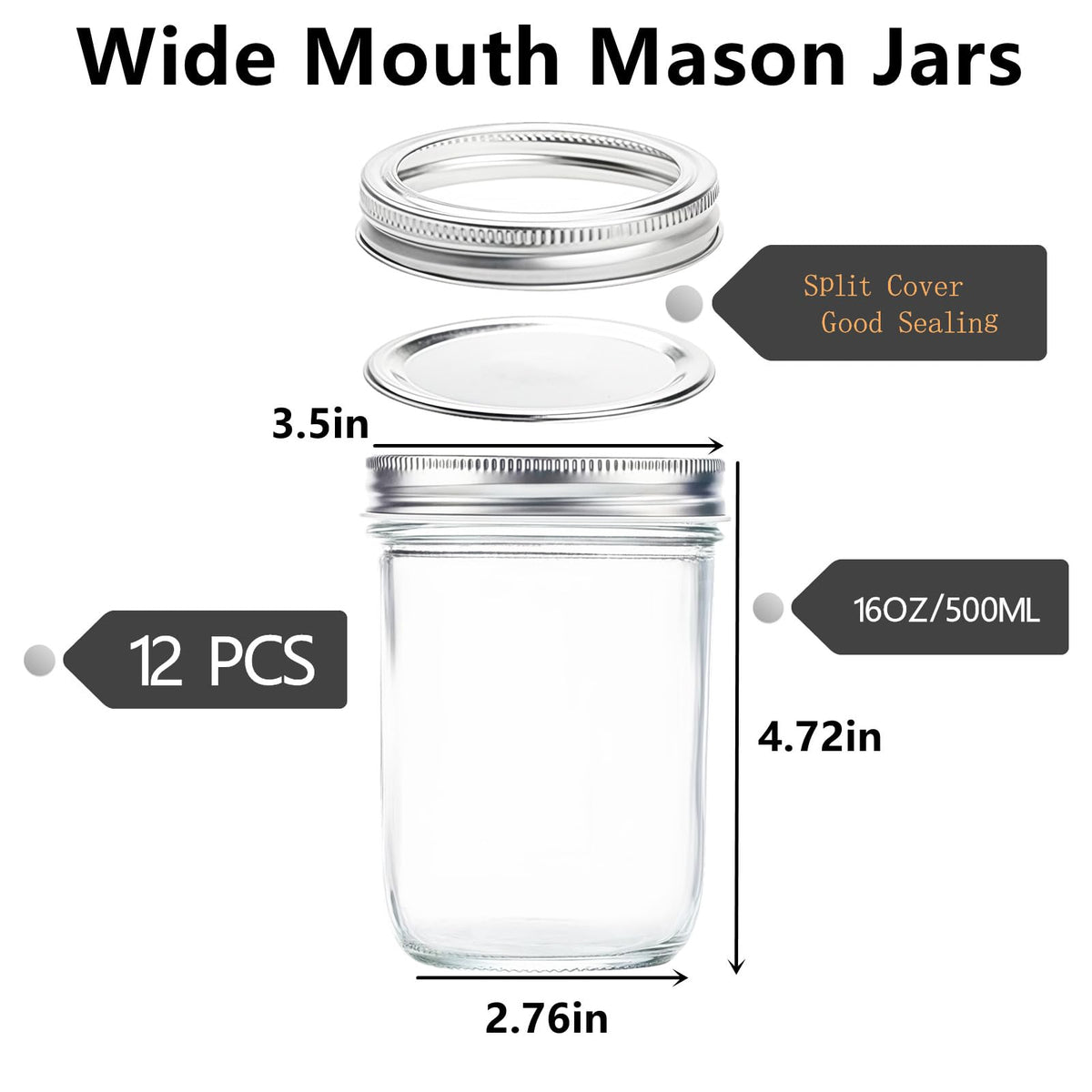 12 Pc 16 oz Wide Mouth Glass Mason Jars with Lids Z1807