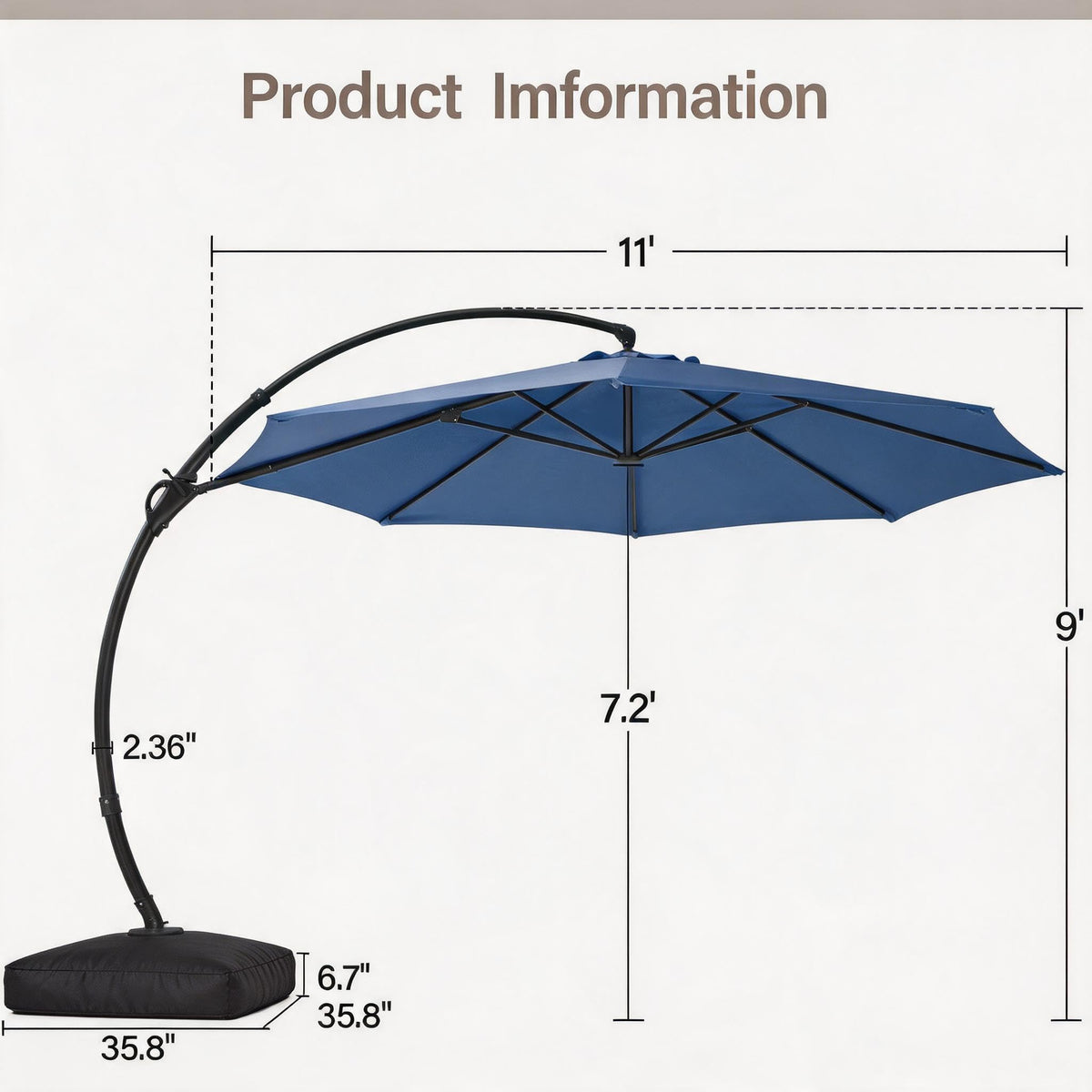11 FT Navy Blue Cantilever Patio Umbrella with Base U709387
