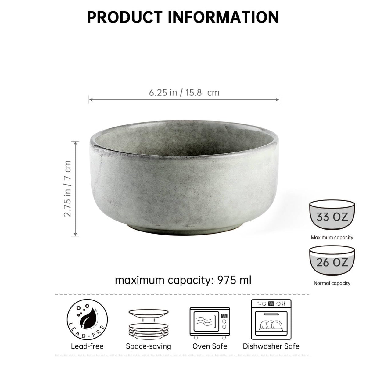 Ceramic Bowl Set of 4, 26 OZ Porcelain Bowls, Reactive Glaze, Microwave & Dishwasher Safe, Grey V10322