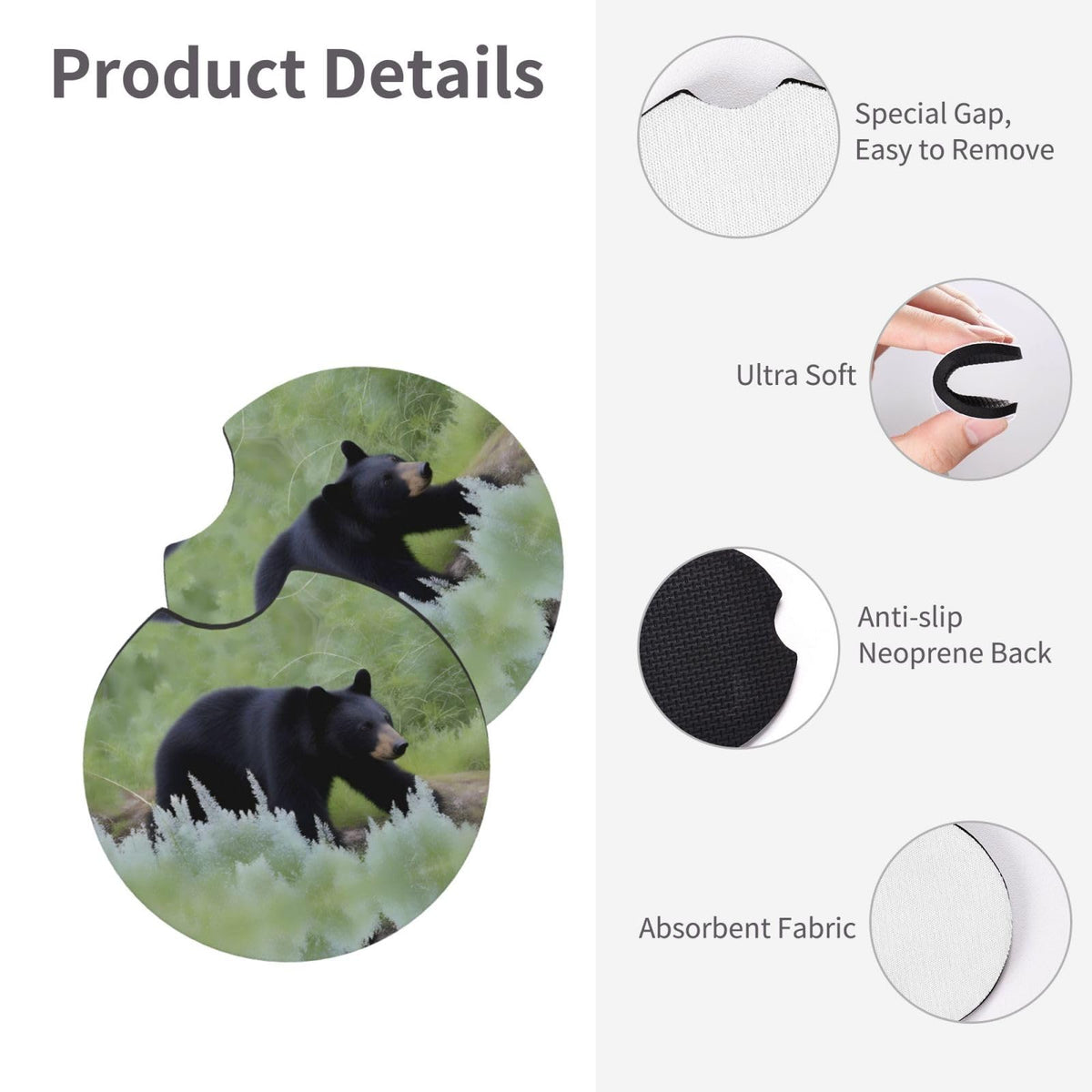 Black Bear Pattern Rubber Car Coasters Set of 2 V21178