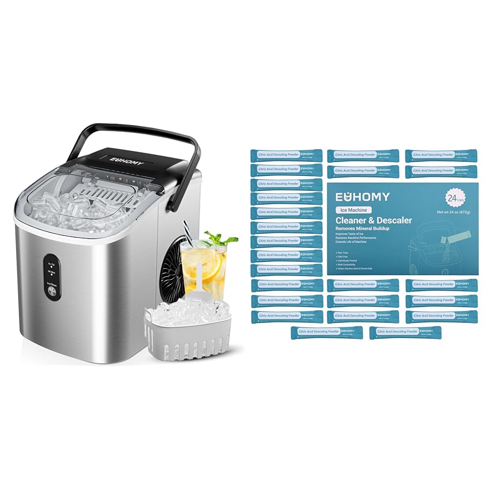 Countertop Ice Maker Machine with Handle, 26.3lbs Per Day, 9 Cubes in 6 Mins + Ice Maker Cleaner & Descaler S5392