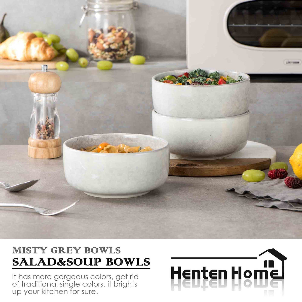 Ceramic Bowl Set of 4, 26 OZ Porcelain Bowls, Reactive Glaze, Microwave & Dishwasher Safe, Grey V10322