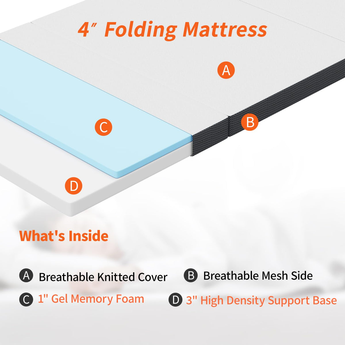 4 inch Tri Fold Memory Foam Mattress Topper with Washable Cover U1242