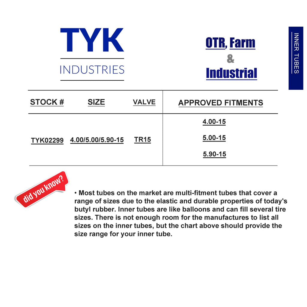 4.00-15, 5.00-15, 5.90-15 Tri Rib Tractor Tire Inner Tubes with TR15 Valve Stems I955183