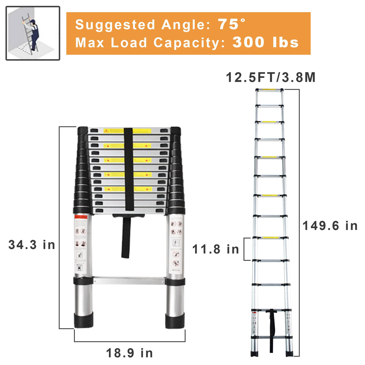 12.5 FT Telescoping Aluminum Ladder 300 LB Capacity I65596