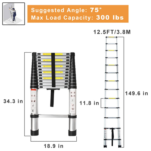 12.5 FT Telescoping Aluminum Ladder 300 LB Capacity I65596