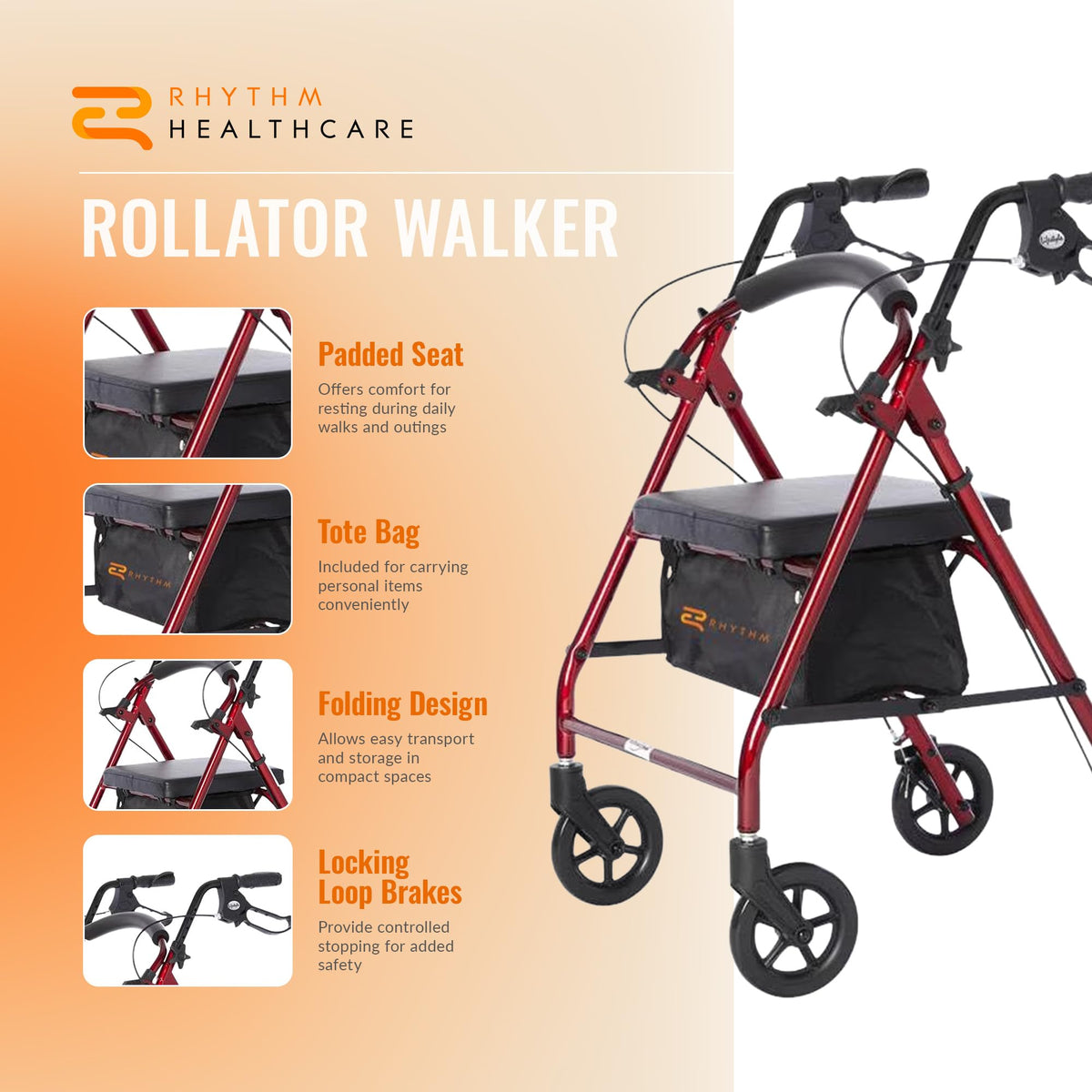 Red Aluminum 4 Wheel Rollator with Padded Seat B2708