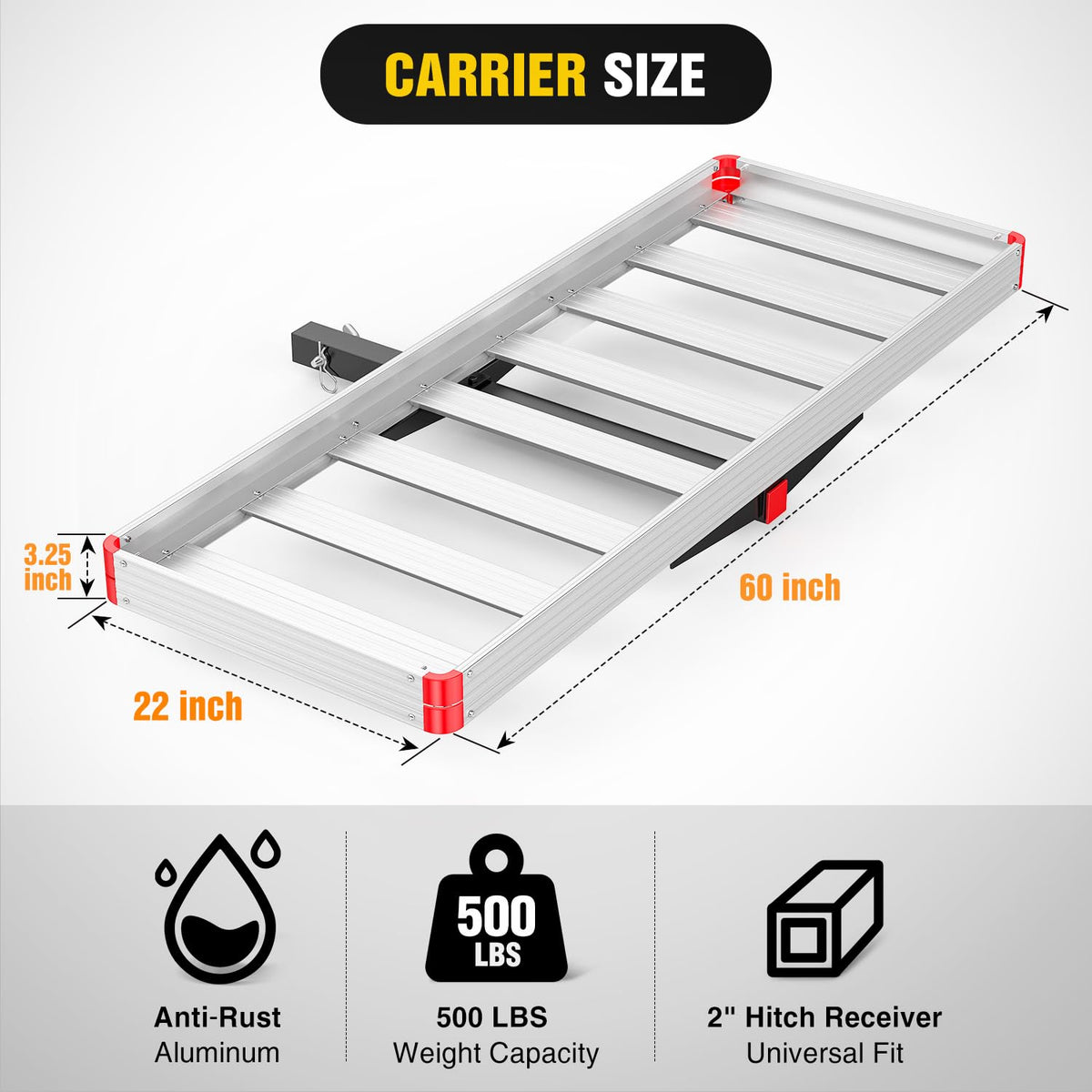Aluminum Hitch Cargo Carrier 60" x 22" x 3.25" 500 lbs Cargo Basket for 2" Receiver R6963
