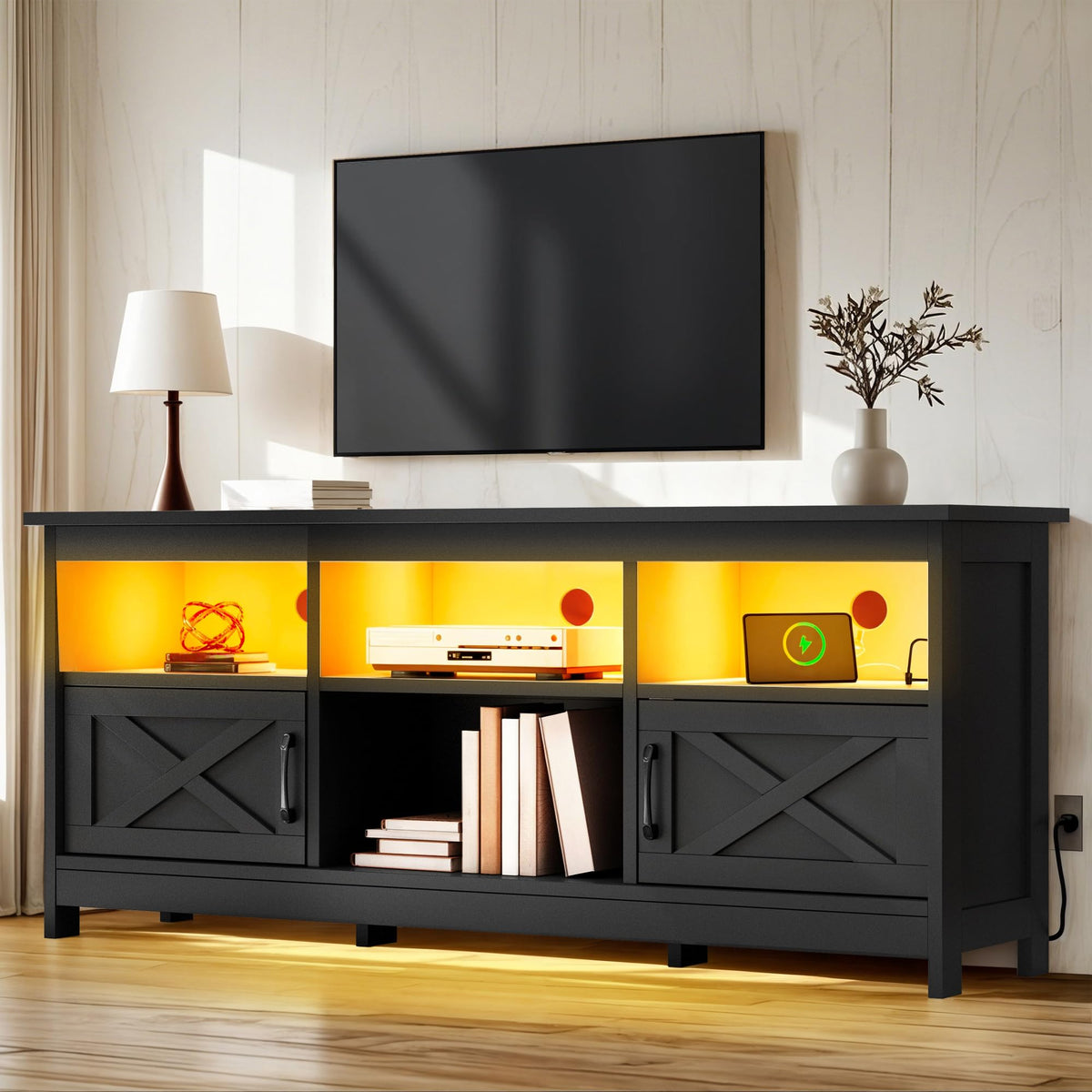 Black TV Stand with Power Outlet and LED Light C695526