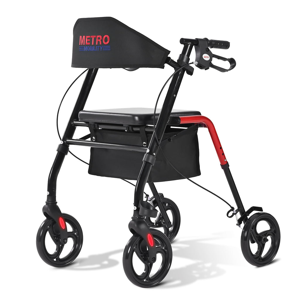 Foldable Lightweight Rolling Walker with Seat, 8" Wheels, 300 lb. Capacity, Red I3145