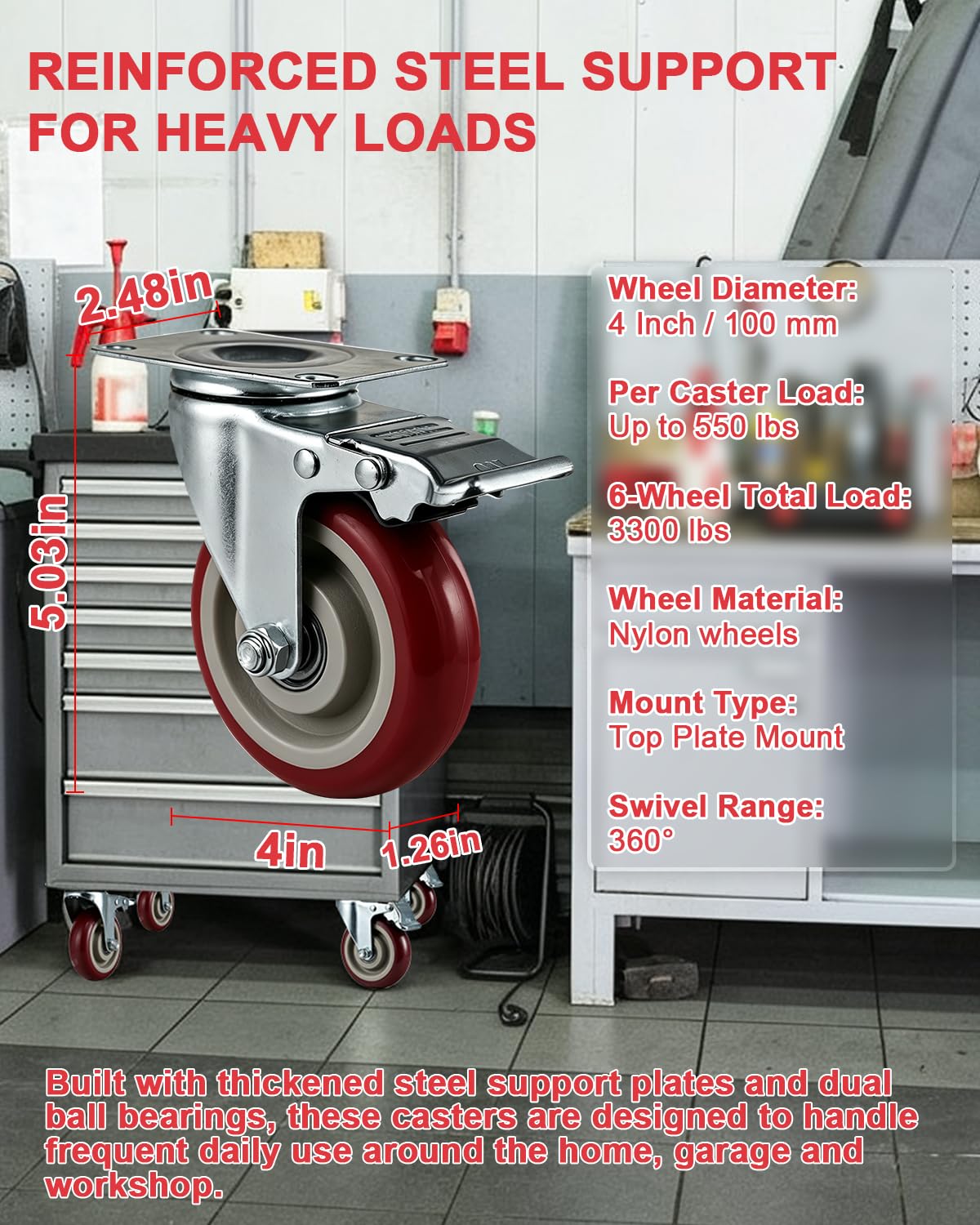 6 Pcs 4 Inch Heavy Duty Locking Swivel Plate Casters N1145