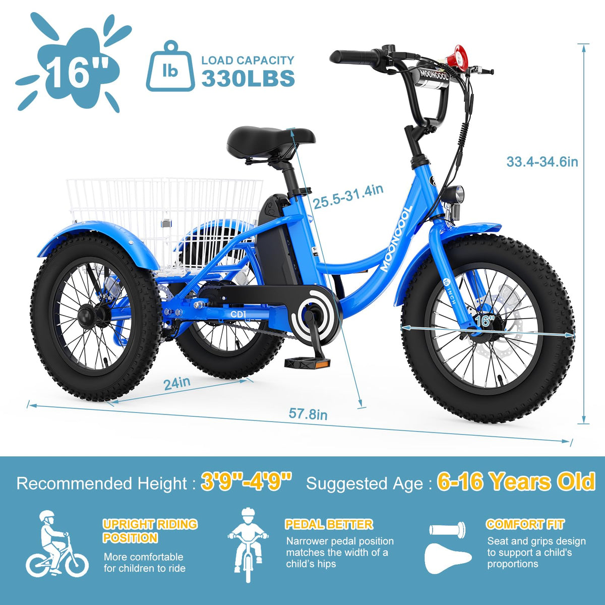 16 Inch 250W 24V Blue Electric Tricycle J1054