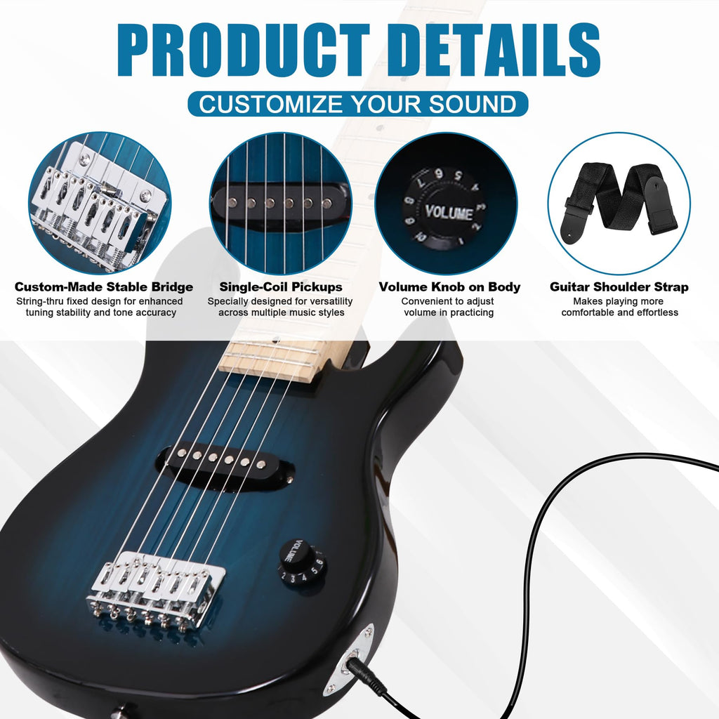 30 Inch Blue Solid Wood Electric Guitar Starter Kit with Amplifier P16416