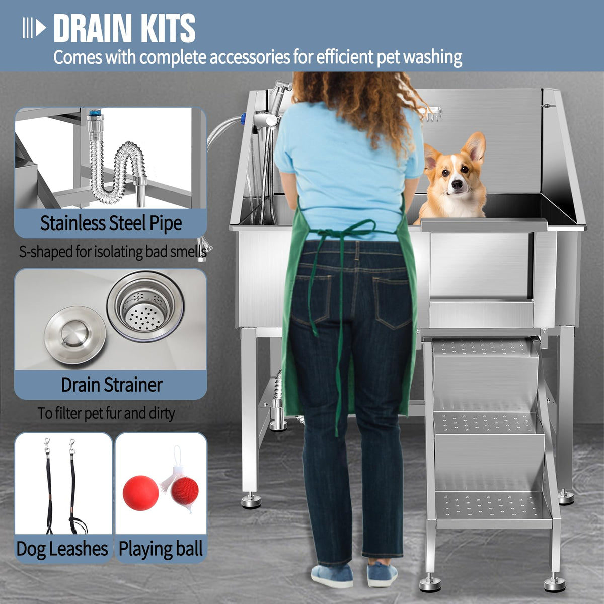 38" Stainless Steel Dog Grooming Tub with Stairs Q409498