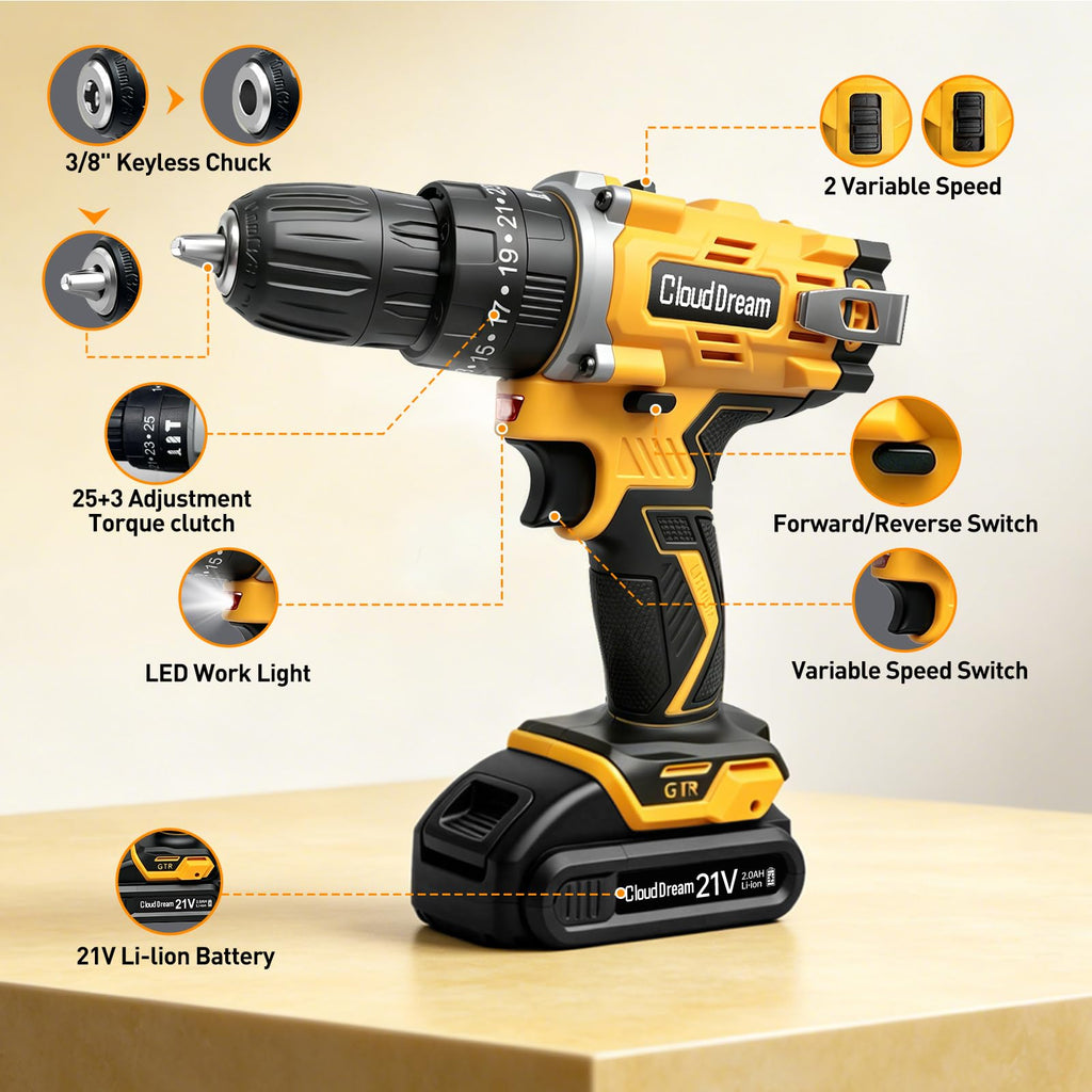 21V Cordless Drill Set with 2 Batteries and Charger N43577