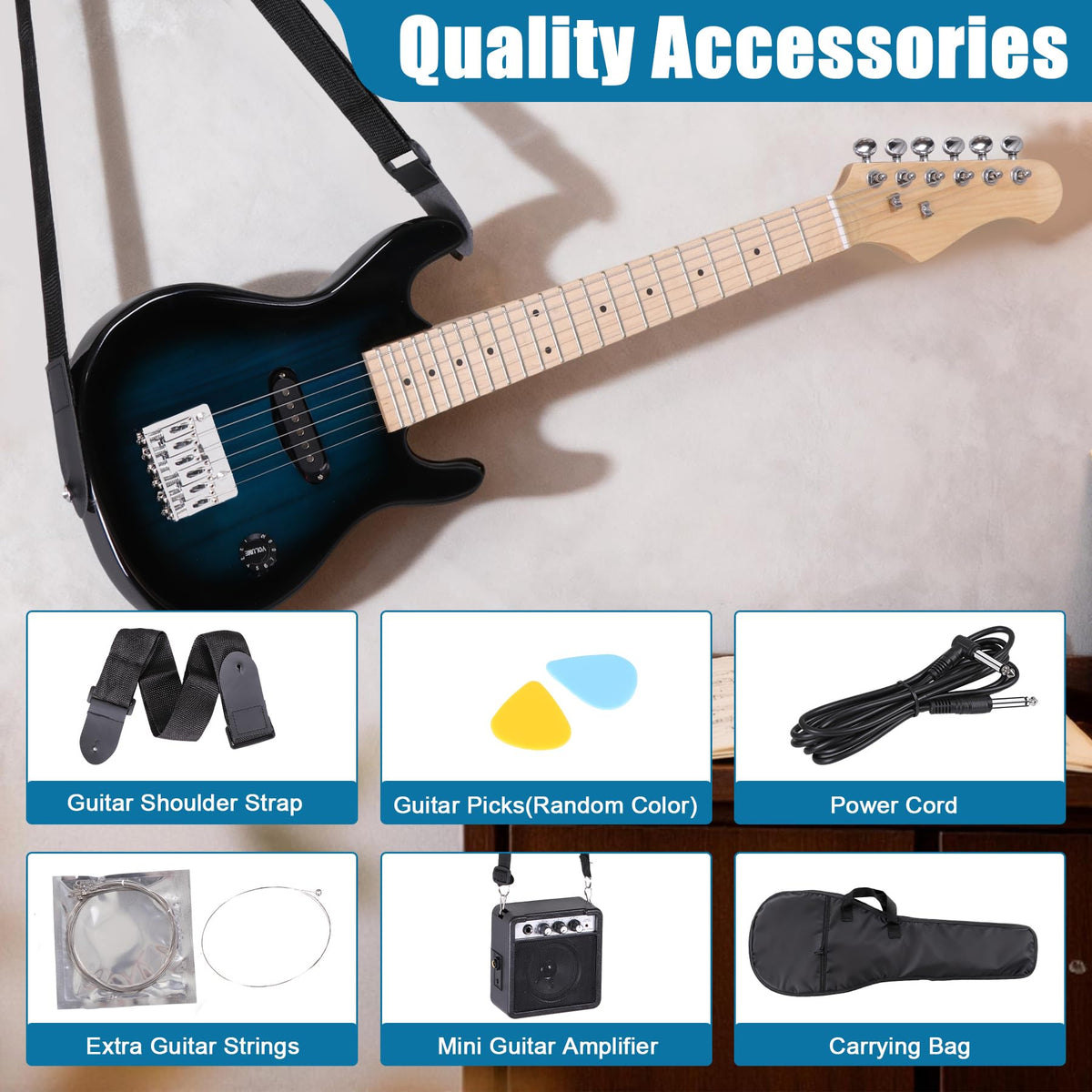 30 Inch Blue Solid Wood Electric Guitar Starter Kit with Amplifier P16416
