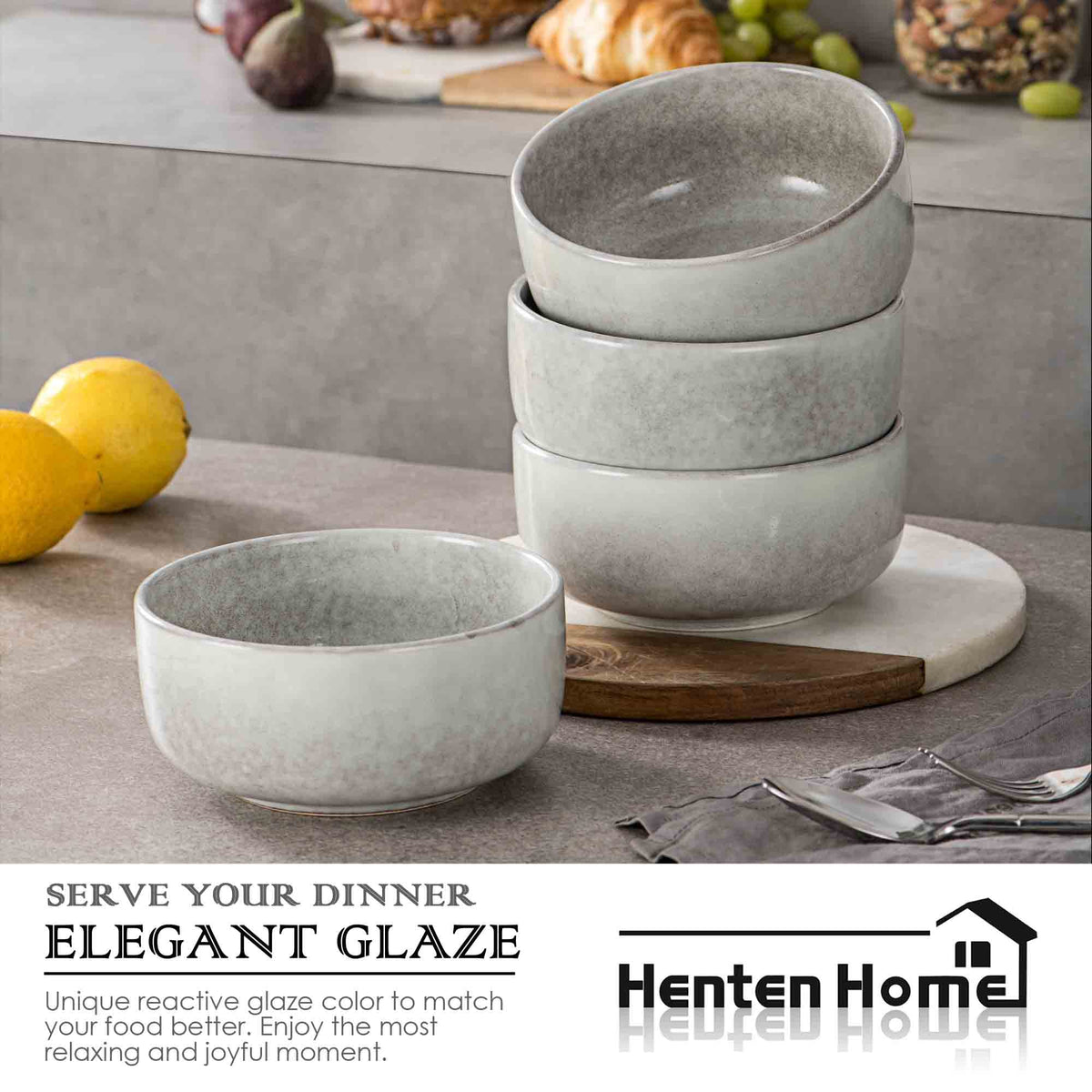 Ceramic Bowl Set of 4, 26 OZ Porcelain Bowls, Reactive Glaze, Microwave & Dishwasher Safe, Grey V10322