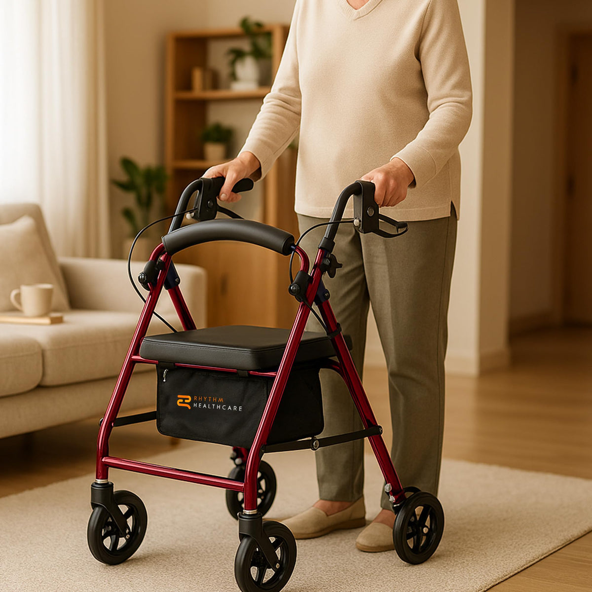 Red Aluminum 4 Wheel Rollator with Padded Seat B2708