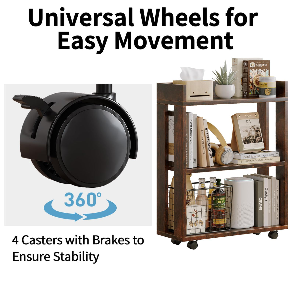3-Tier Small Bookshelf with Wheels O274