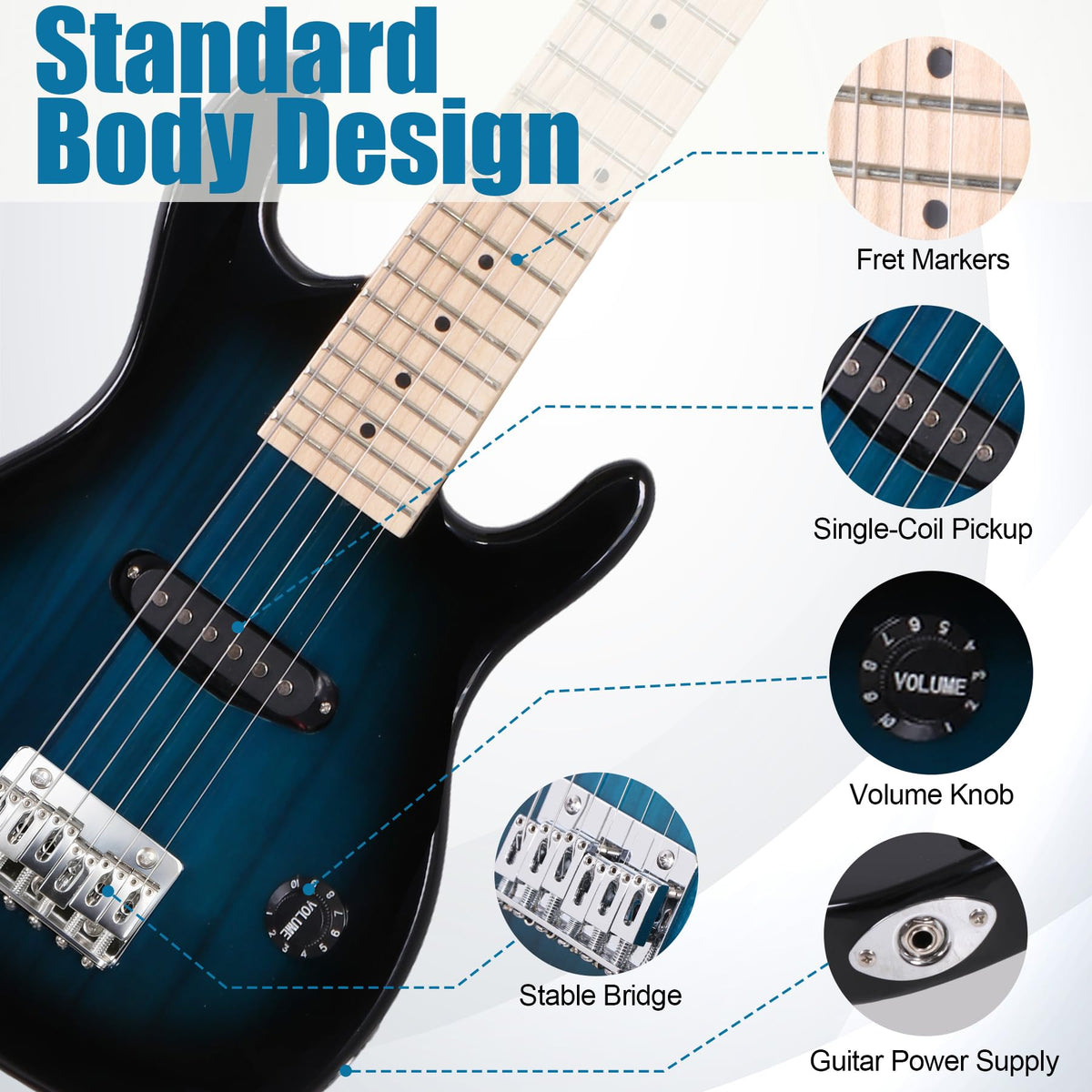 30 Inch Blue Solid Wood Electric Guitar Starter Kit with Amplifier P16416