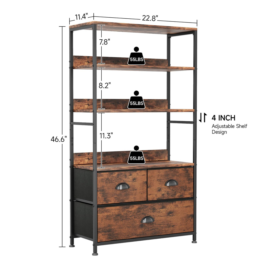 47-Inch 6 Tier Wood and Metal Bookshelf with 3 Fabric Drawers A897