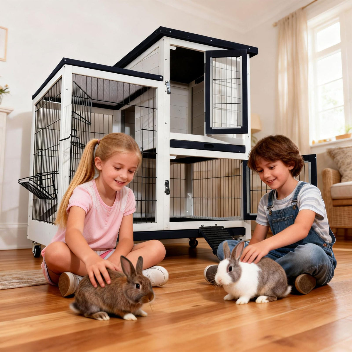 2-Story Indoor Outdoor Rabbit Hutch with Dual Trays W38330