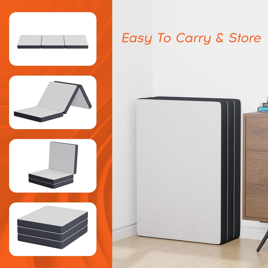 4 inch Tri Fold Memory Foam Mattress Topper with Washable Cover U1242