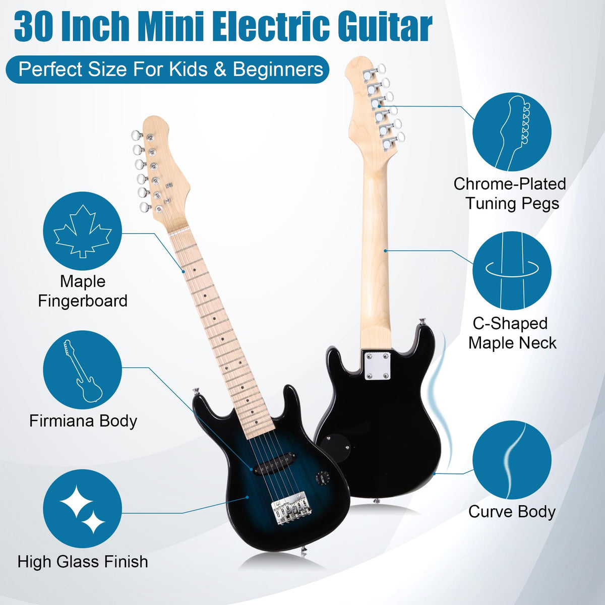 30 Inch Blue Solid Wood Electric Guitar Starter Kit with Amplifier P16416