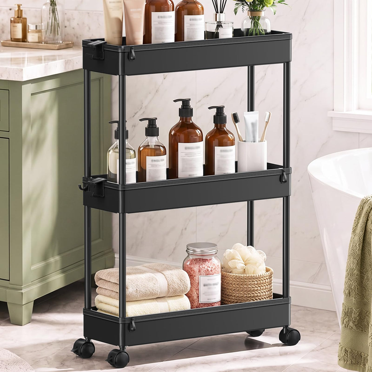 Black 3 Tier Slim Rolling Storage Cart E48949