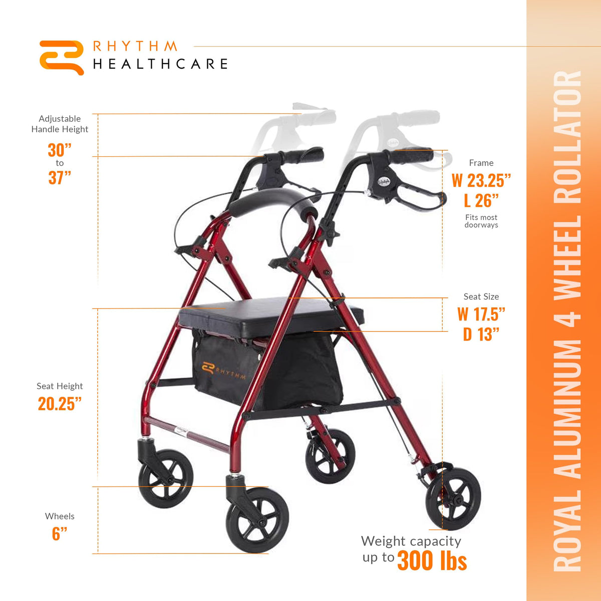 Red Aluminum 4 Wheel Rollator with Padded Seat B2708