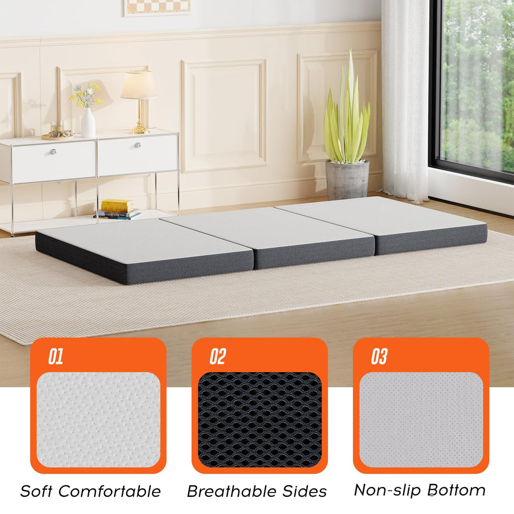 4 inch Tri Fold Memory Foam Mattress Topper with Washable Cover U1242