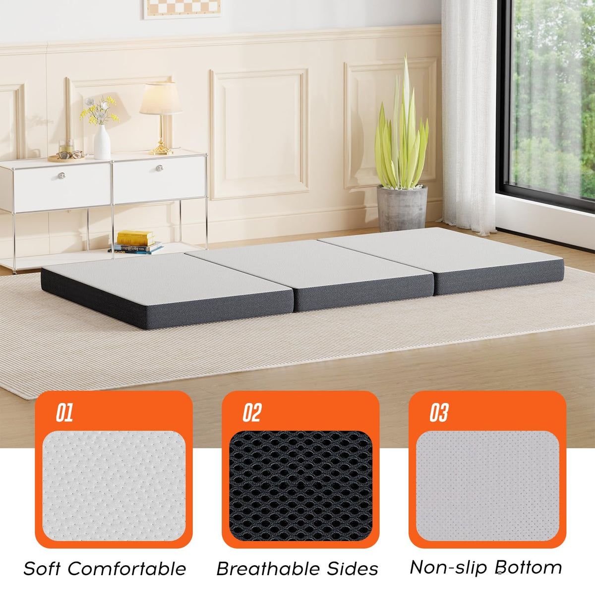 4 inch Tri Fold Memory Foam Mattress Topper with Washable Cover U1242
