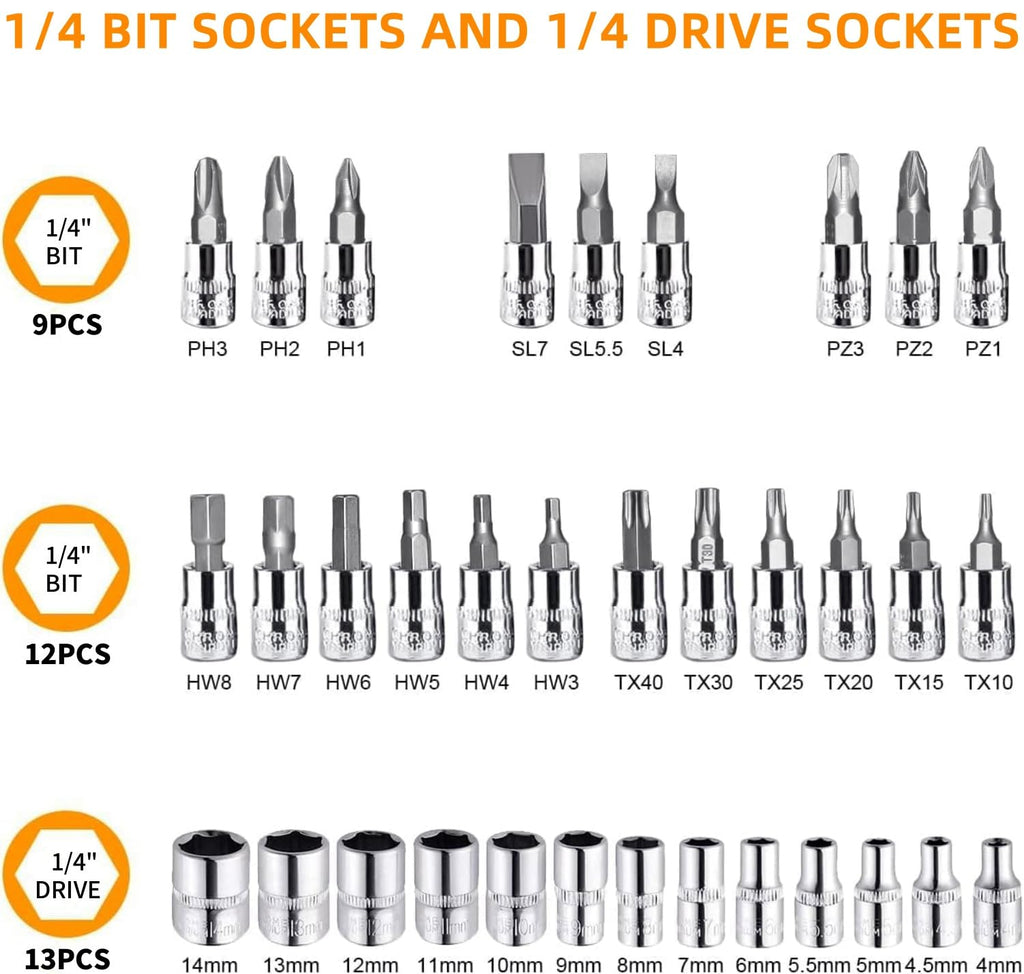 46 Pieces Mechanic Tool Kit 1/4” Ratchet Socket Wrench Set with Storage Case A6503