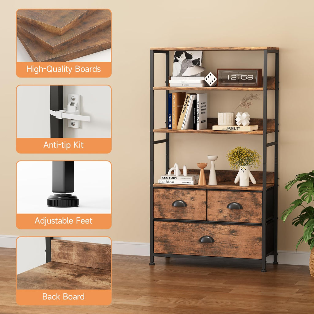 47-Inch 6 Tier Wood and Metal Bookshelf with 3 Fabric Drawers A897