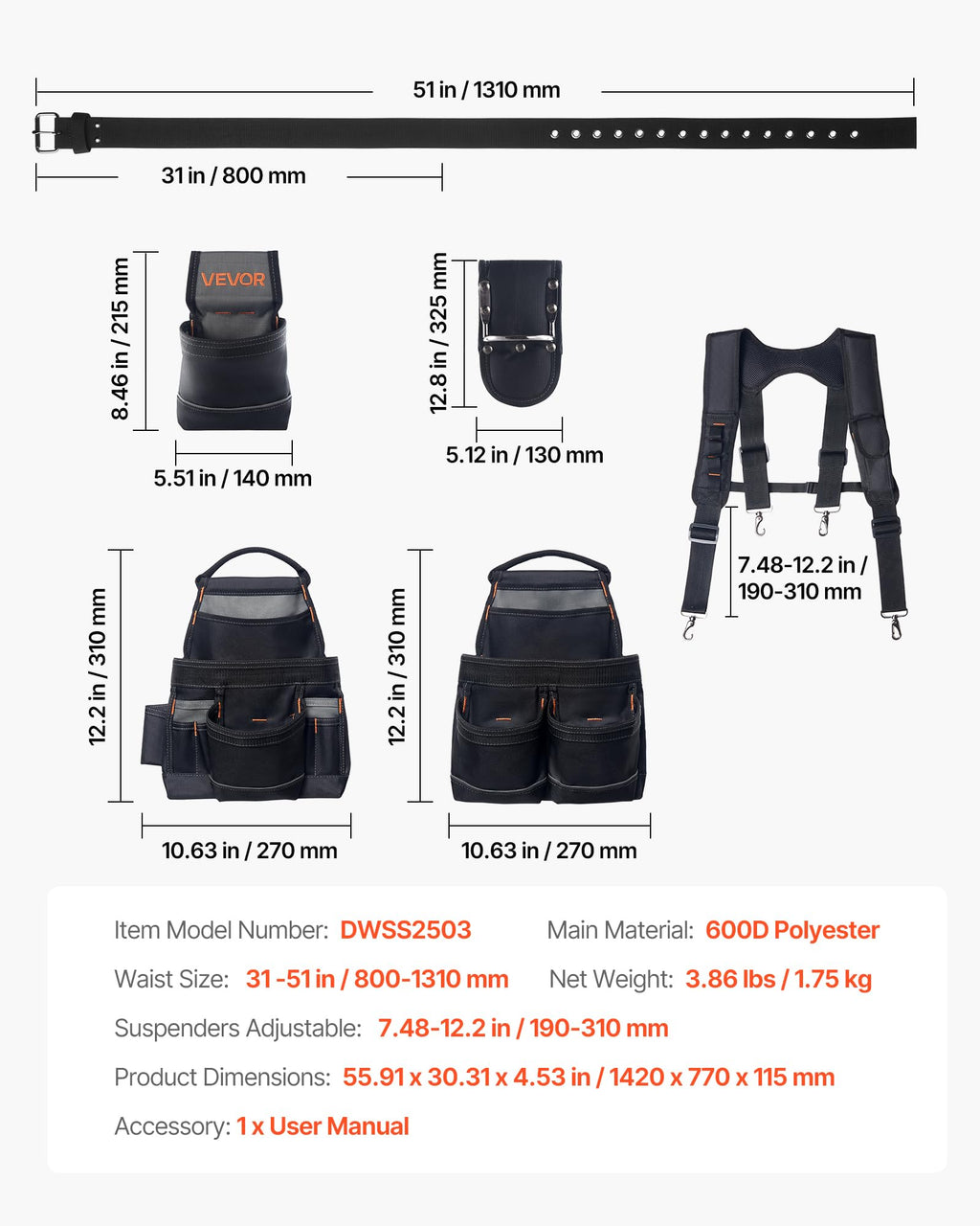 19 Pockets Adjustable Tool Belt with Suspenders T927