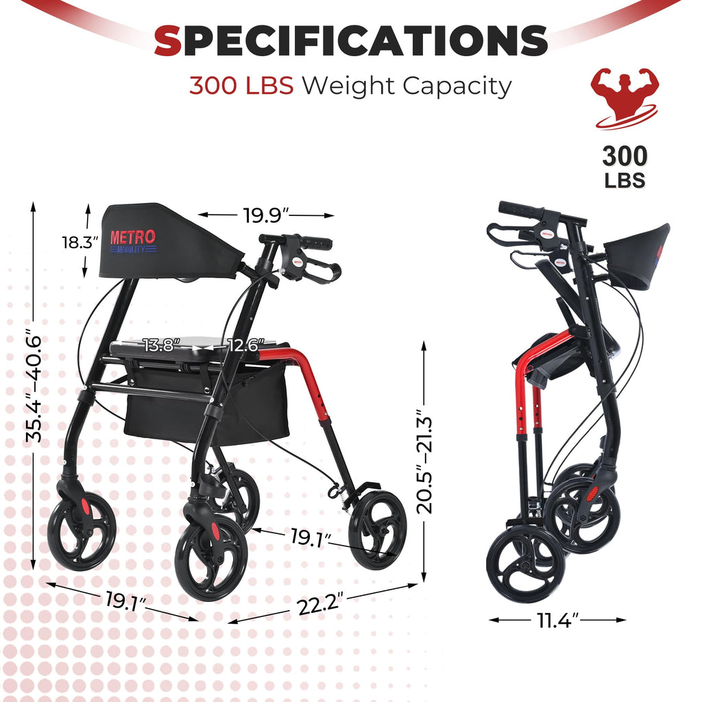 Foldable Lightweight Rolling Walker with Seat, 8" Wheels, 300 lb. Capacity, Red I3145