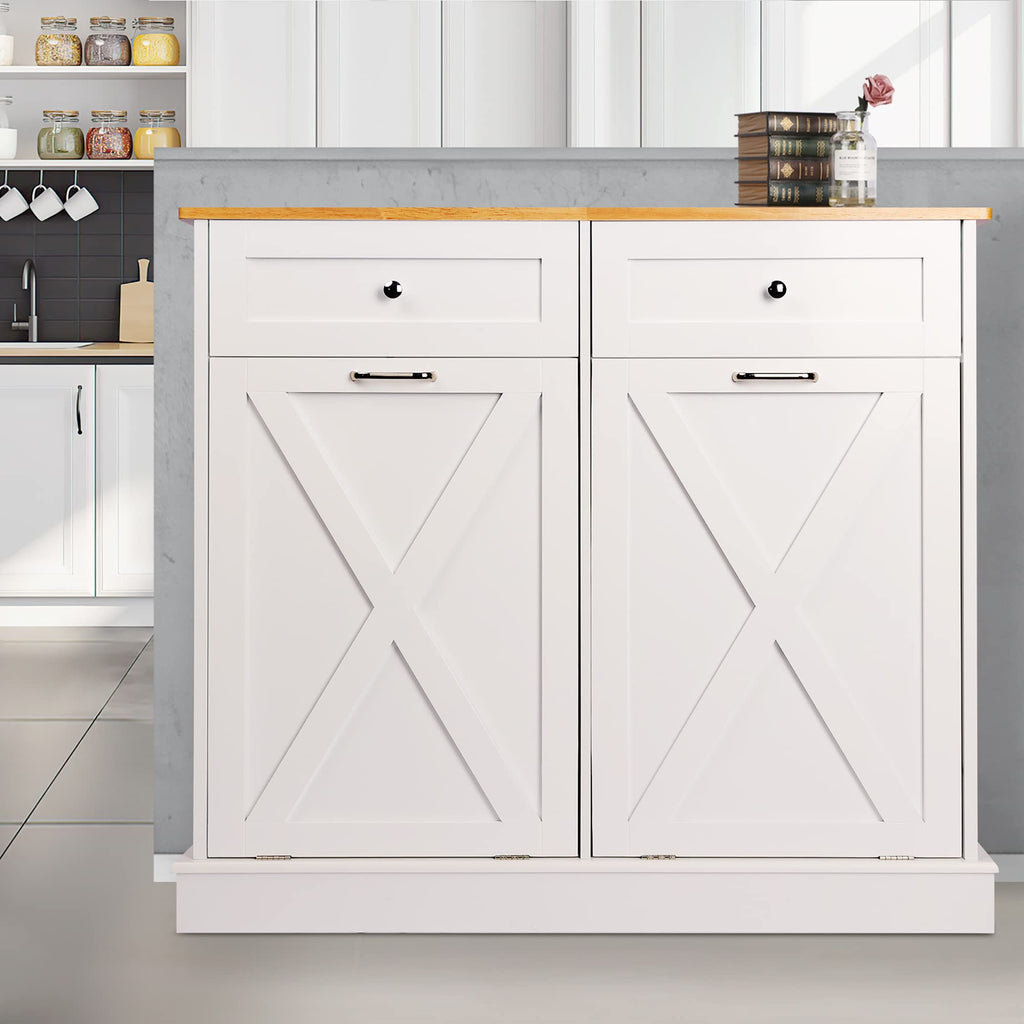 White 2 x 10 Gallon Wooden Tilt Out Trash Can Cabinet T832
