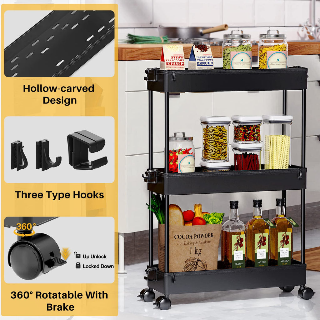 Black 3 Tier Slim Rolling Storage Cart E48949