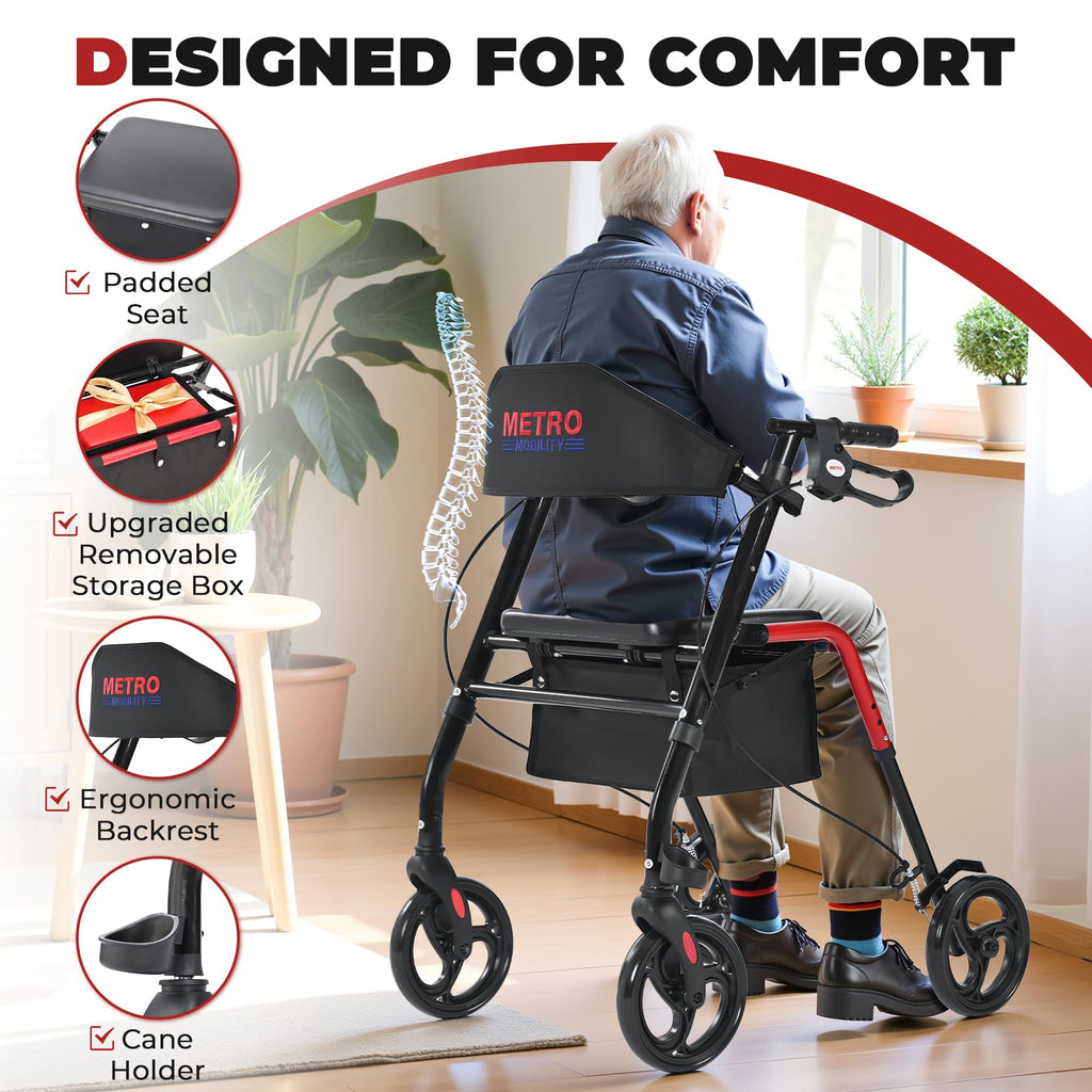 Foldable Lightweight Rolling Walker with Seat, 8" Wheels, 300 lb. Capacity, Red I3145