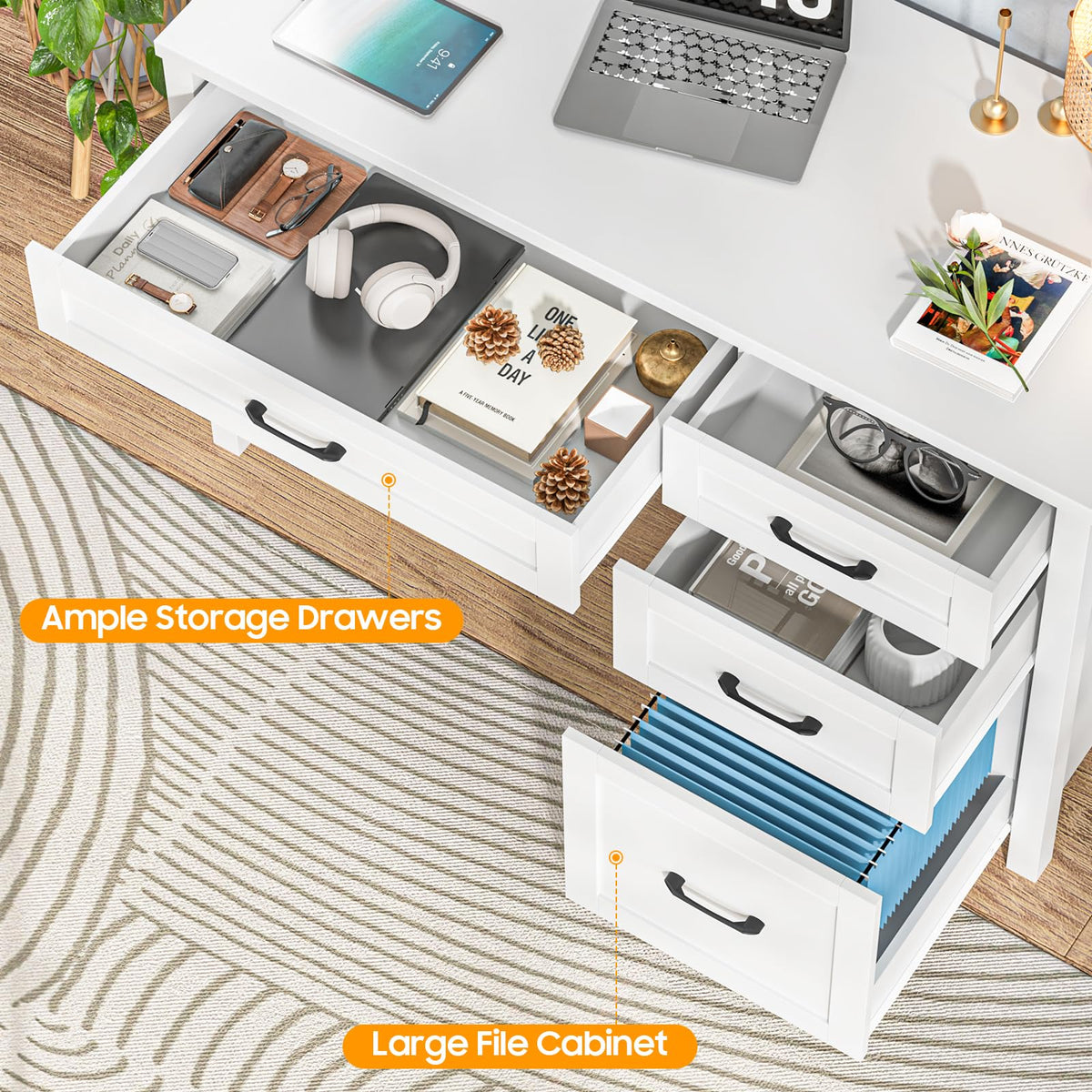 47" Cream White Executive Desk with File Drawer H98040