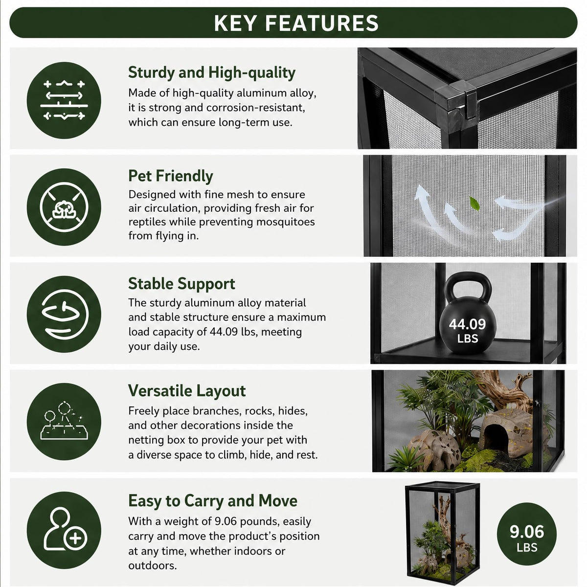 Aluminum Reptile Terrarium Enclosure with Locking Latches D943