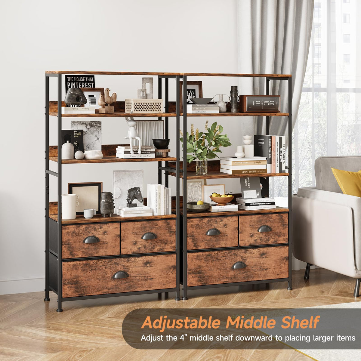 47-Inch 6 Tier Wood and Metal Bookshelf with 3 Fabric Drawers A897
