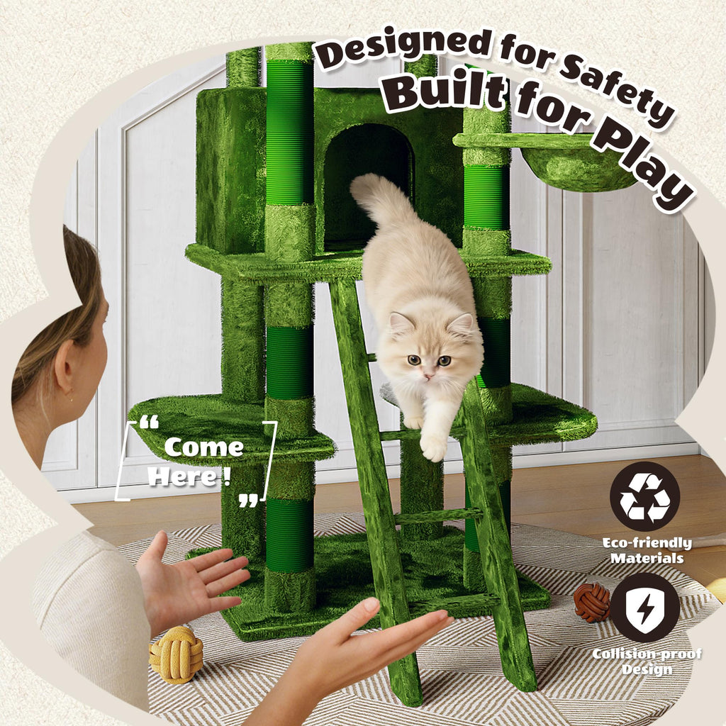 70.87" Green Multi-Level Cat Tree with Condos and Hammock U163563