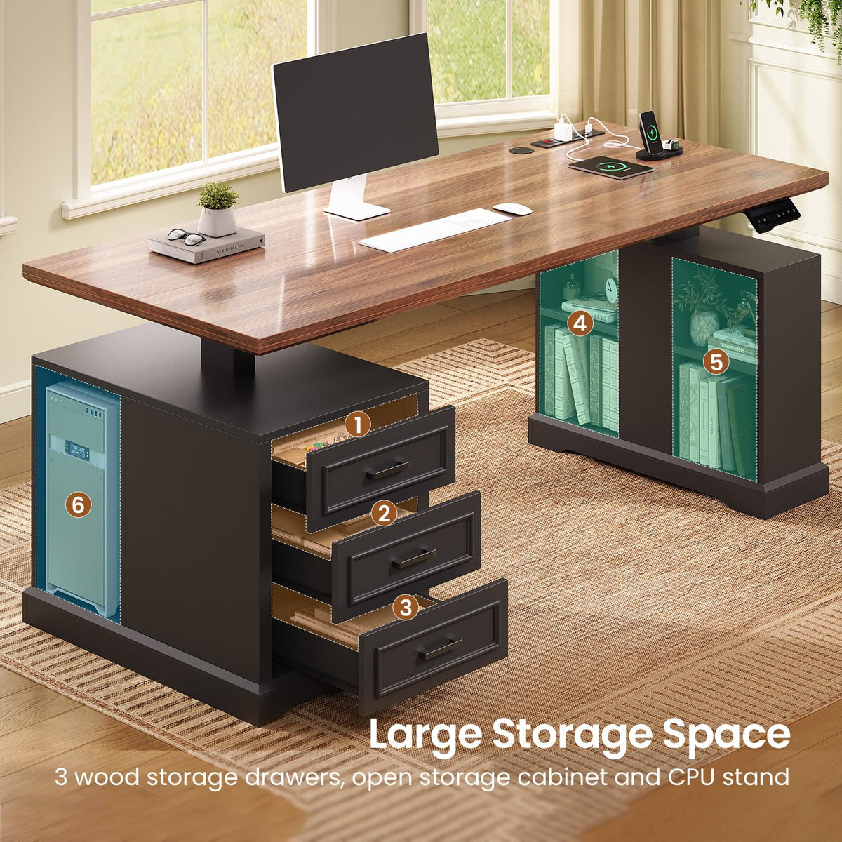 63" Farmhouse Electric Standing Desk with 3 Drawers R28165