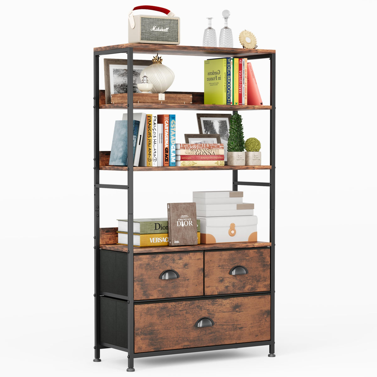 47-Inch 6 Tier Wood and Metal Bookshelf with 3 Fabric Drawers A897